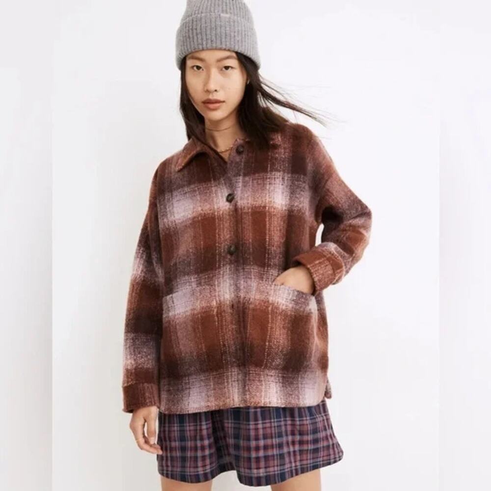 Madewell Brushed Plaid Knit Shirt Jacket, dusty rose color, M Shacket NWT